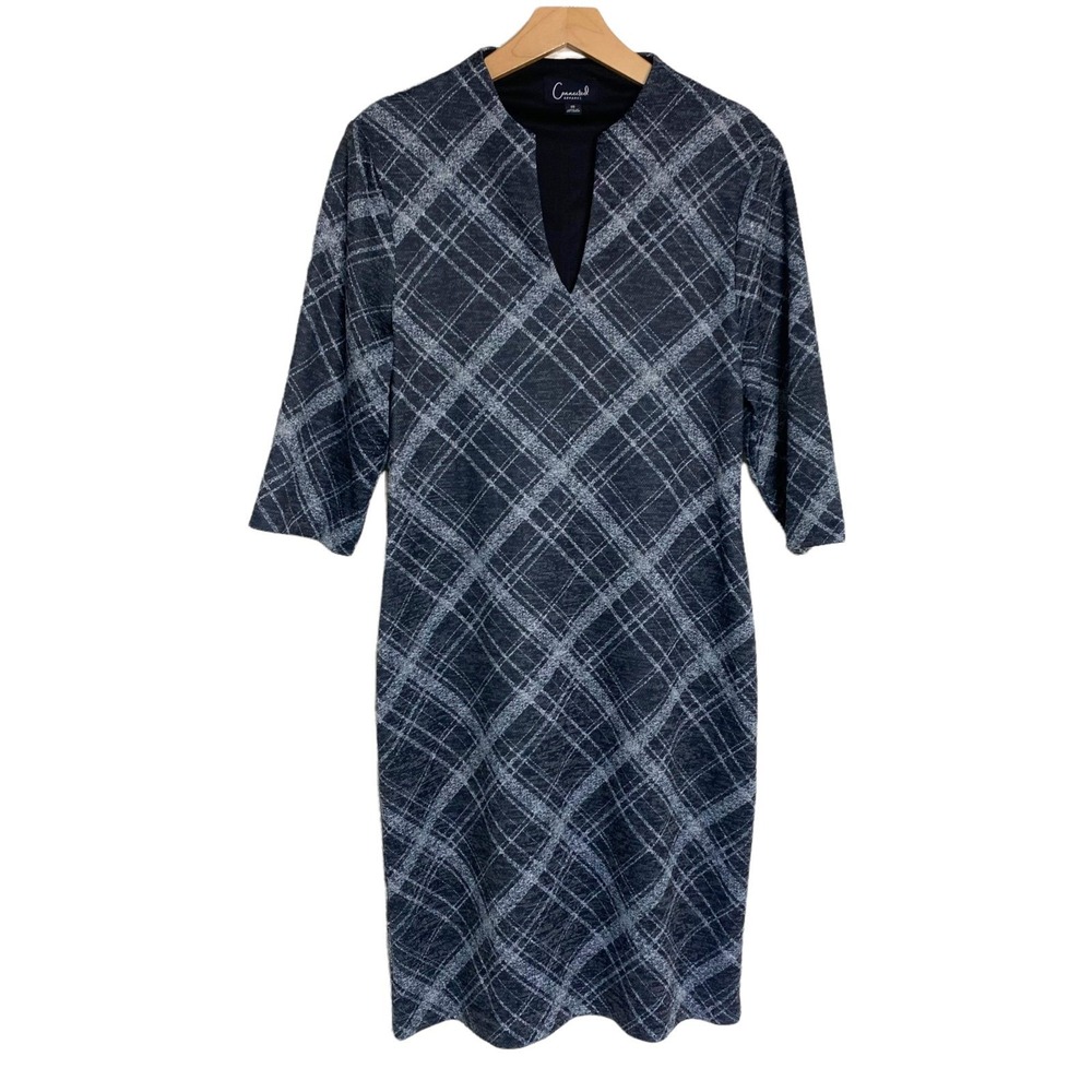 Connected Apparel Sheath Dress 10 Black Gray Plaid Split Neck 3/4 Sleeve NEW